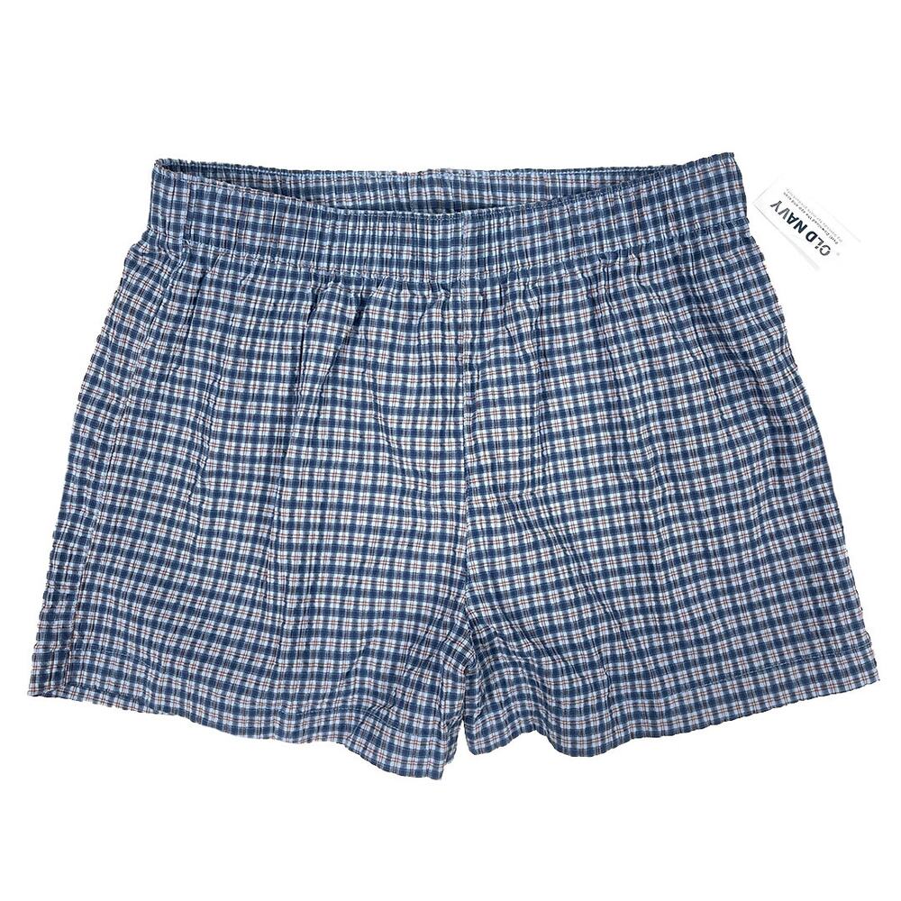 Old Navy Seersucker Boxer Sleep Shorts Sz S New $25 Blue Plaid Loose Fit Pajamas